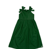 Vestido midi feminino infantil com alças largas e laços, saia ampla e tecido macio.