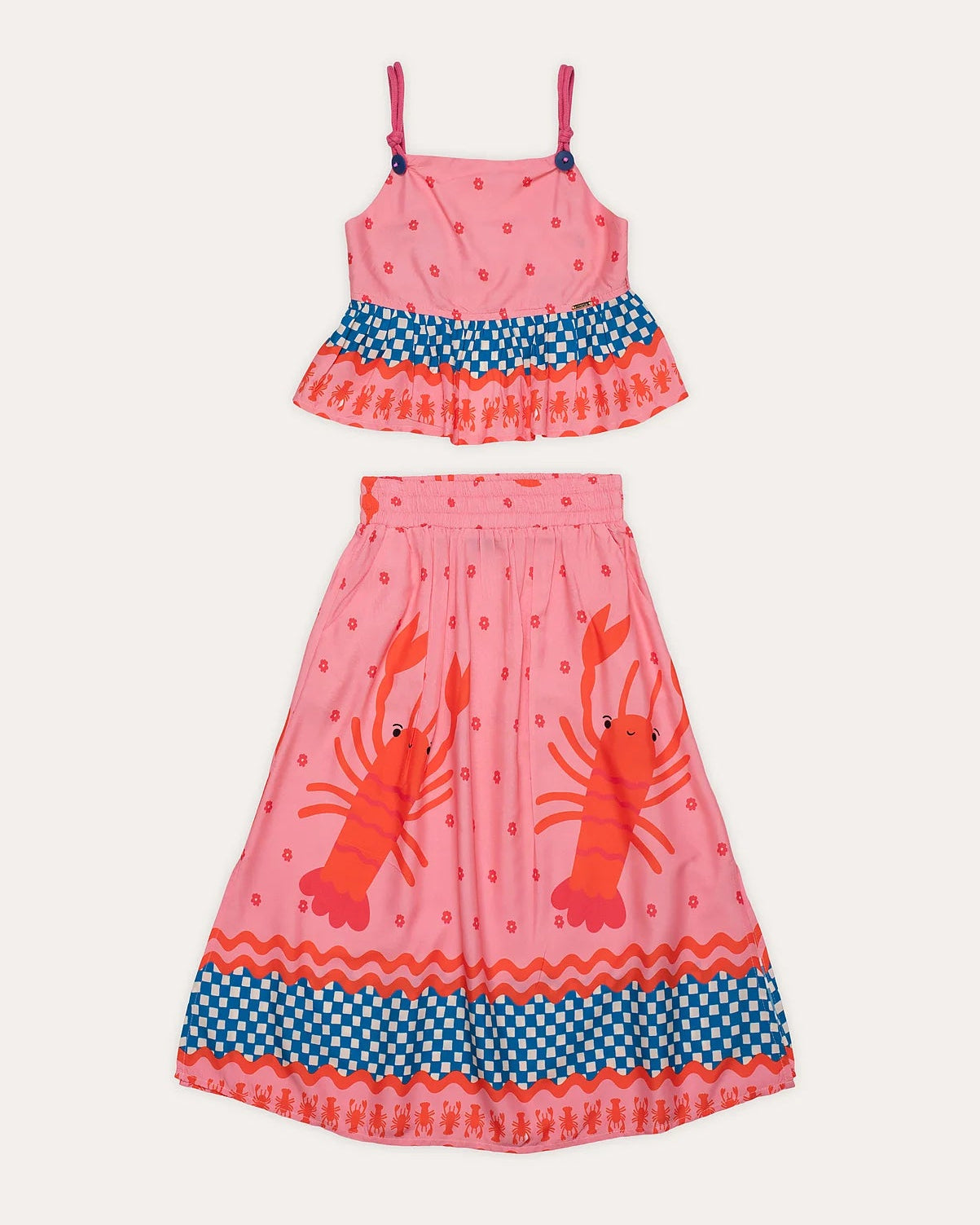 Conjunto infantil feminino com blusa de alças e saia rosa com estampa de lagostas