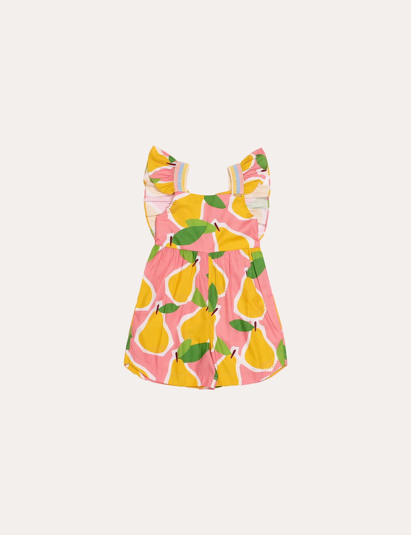 Macacão infantil feminino com estampa de peras em tons vibrantes e alças com ruffles
