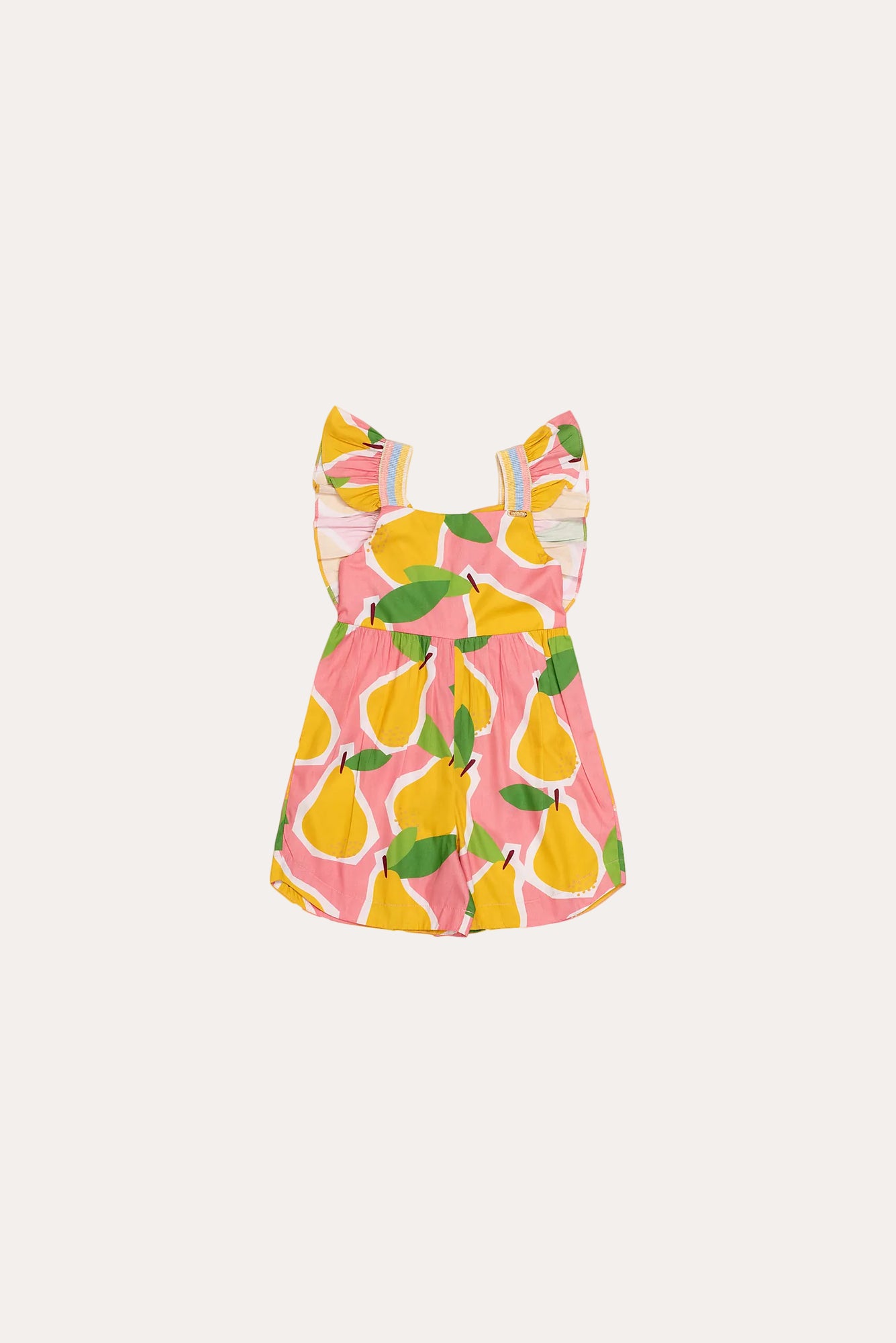 Macacão infantil feminino com estampa de peras em tons vibrantes e alças com ruffles