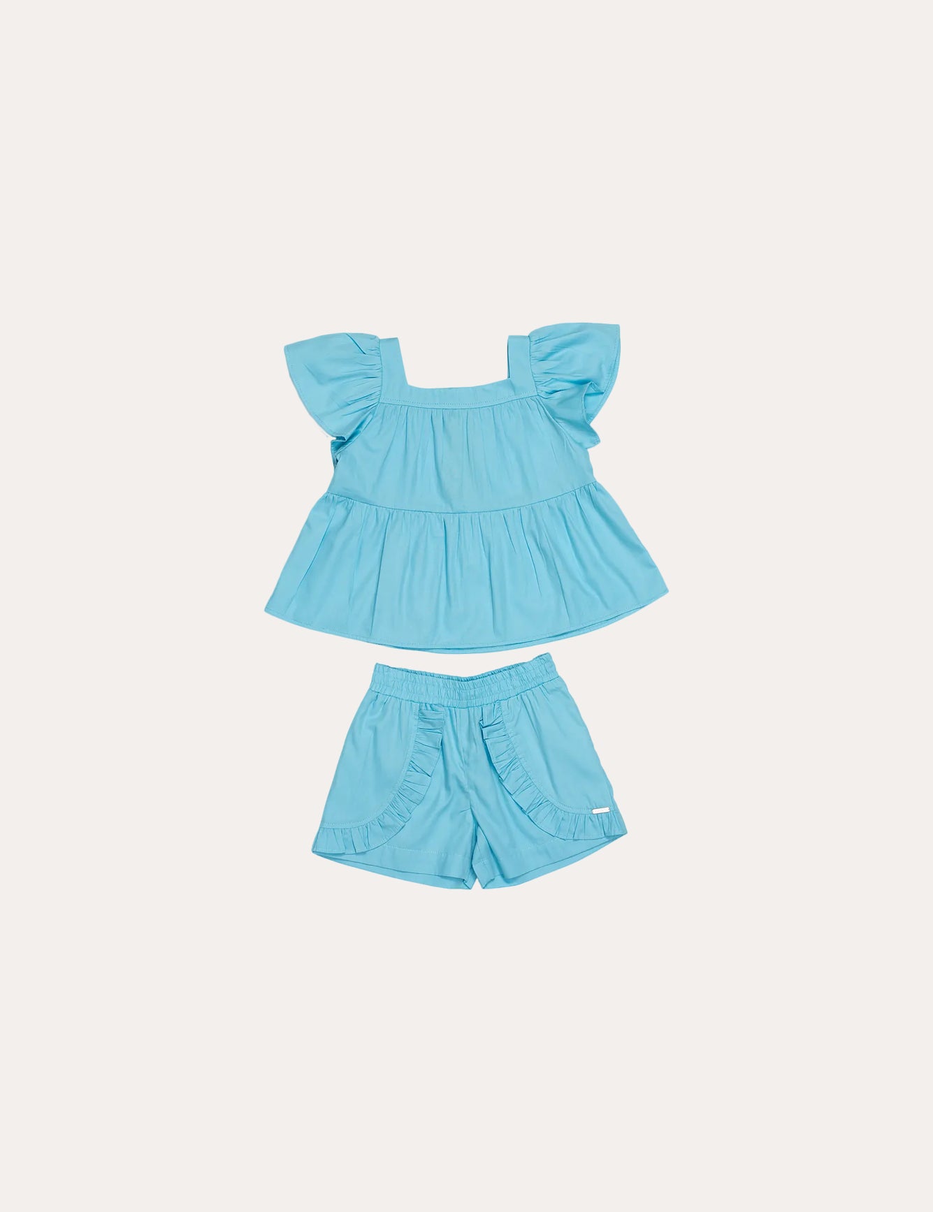 Conjunto feminino infantil azul com blusa de mangas amplas e short com babados