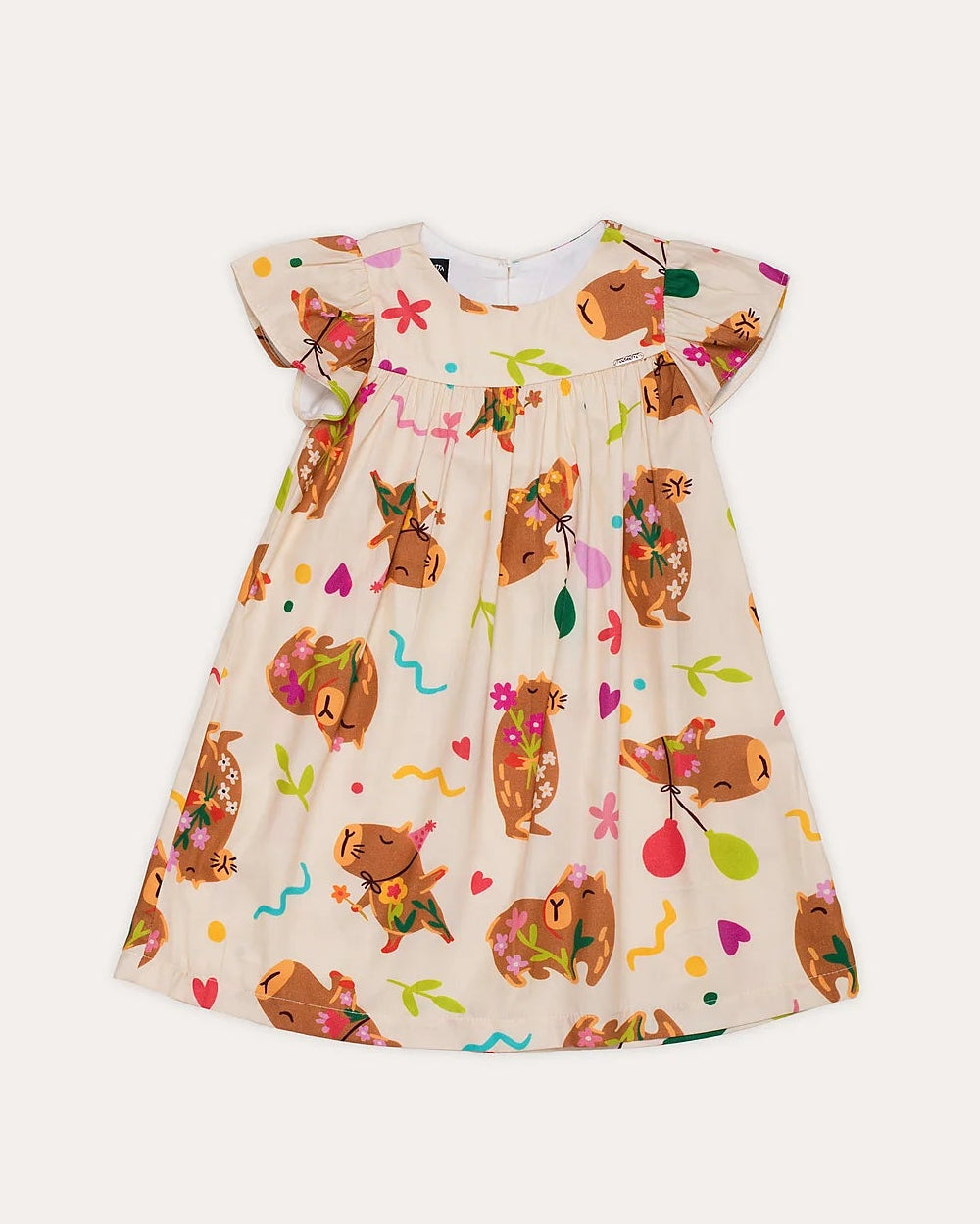 Vestido infantil com estampa de capivaras e balões, mangas bufantes e saia ampla