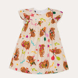 Vestido infantil com estampa de capivaras e balões, mangas bufantes e saia ampla