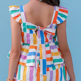 Vestido infantil feminino com estampa de palitos coloridos e alças de babado