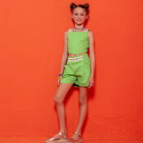 Conjunto feminino infantil verde com blusa de alças largas e short leve