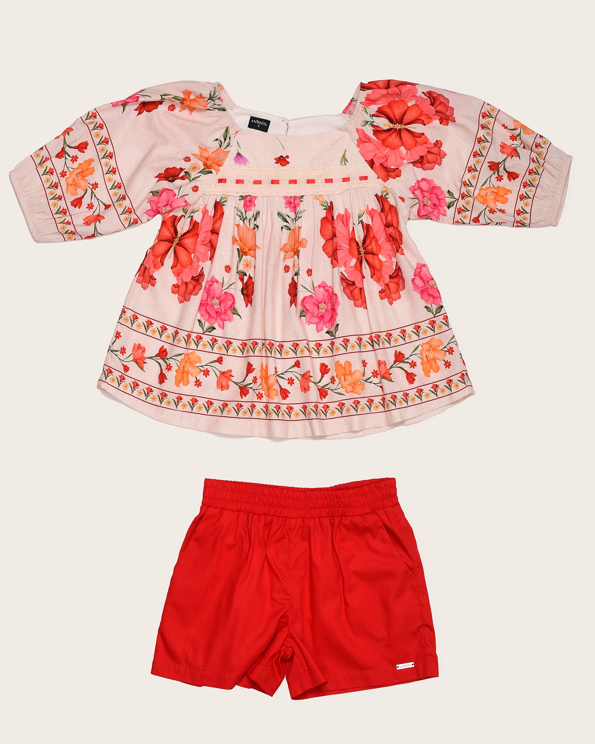 Conjunto floral com blusa e short vermelho infantil feminino Antonita para meninas 