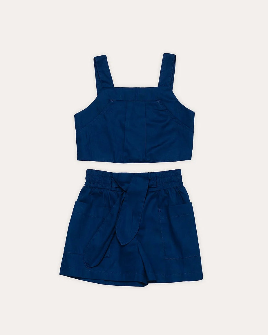 Conjunto infantil feminino azul escuro com blusa de alças largas e saia com cintura elástica