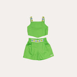 Conjunto feminino infantil verde com blusa de alças largas e short leve