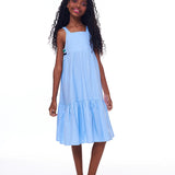 Vestido feminino infantil azul com alças largas e saia em camadas