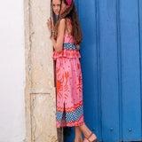 Conjunto infantil feminino com blusa de alças e saia rosa com estampa de lagostas