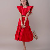 Conjunto infantil feminino com blusa de babados e saia volumosa em camadas