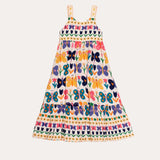 Vestido midi feminino infantil com estampa de borboletas coloridas e babados na barra