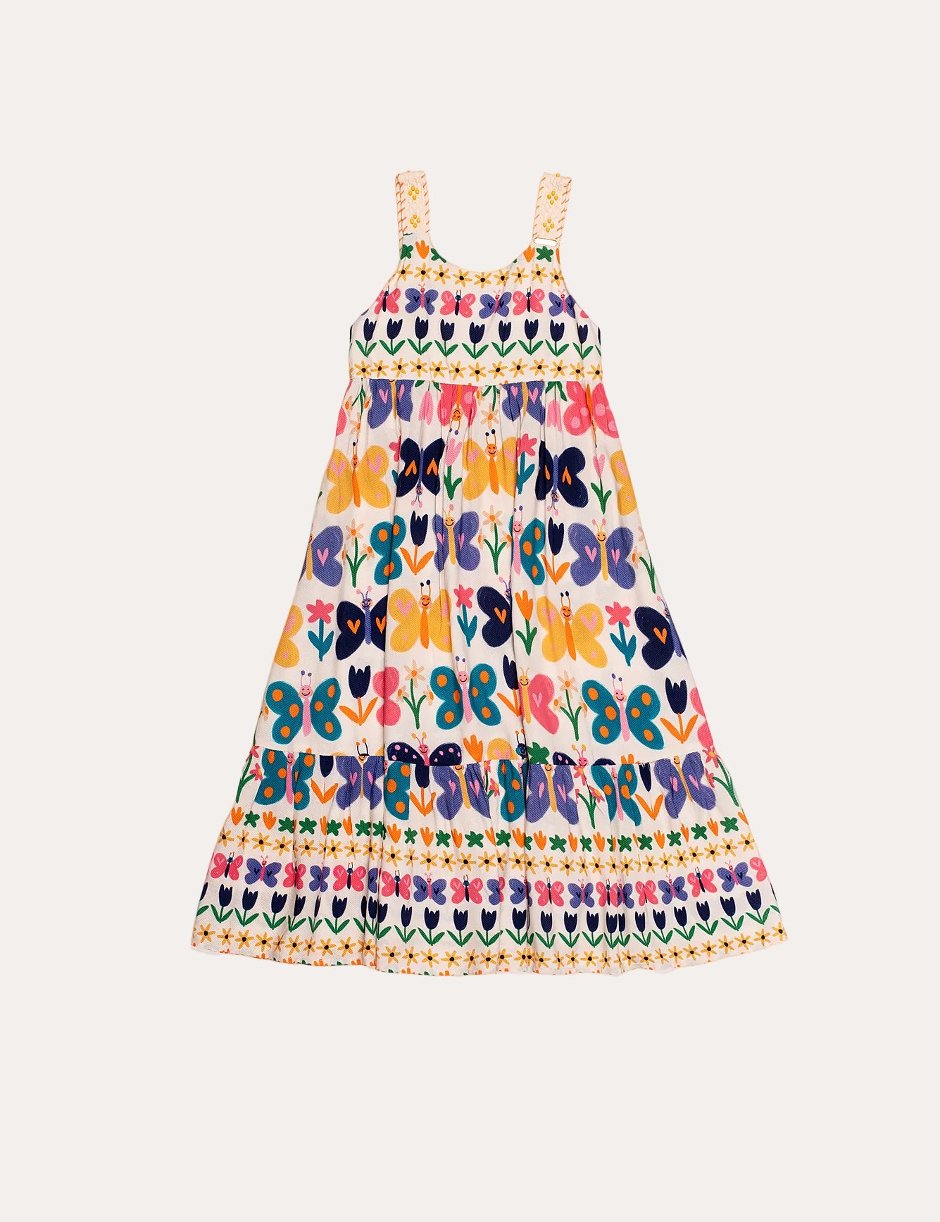 Vestido midi feminino infantil com estampa de borboletas coloridas e babados na barra
