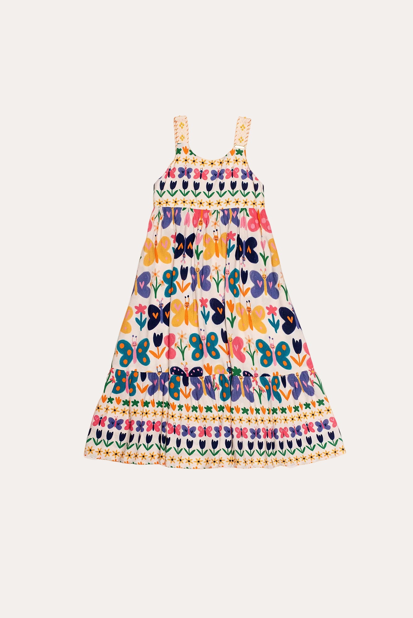 Vestido midi feminino infantil com estampa de borboletas coloridas e babados na barra