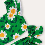Conjunto infantil feminino com blusa cropped e short floral verde, detalhes em babado e estampa de flores amarelas