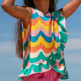 Conjunto infantil com blusa de alças largas e estampa de ondas coloridas, saia rosa