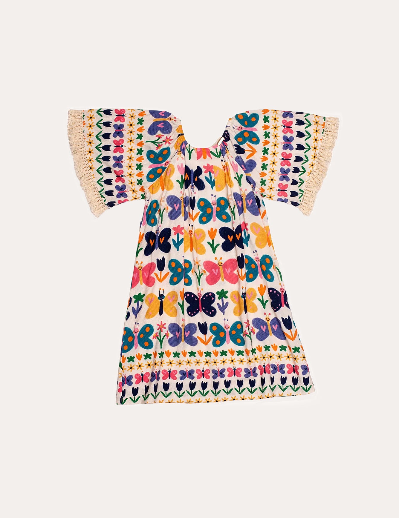 Vestido midi infantil com estampa de borboletas coloridas e franjas na barra