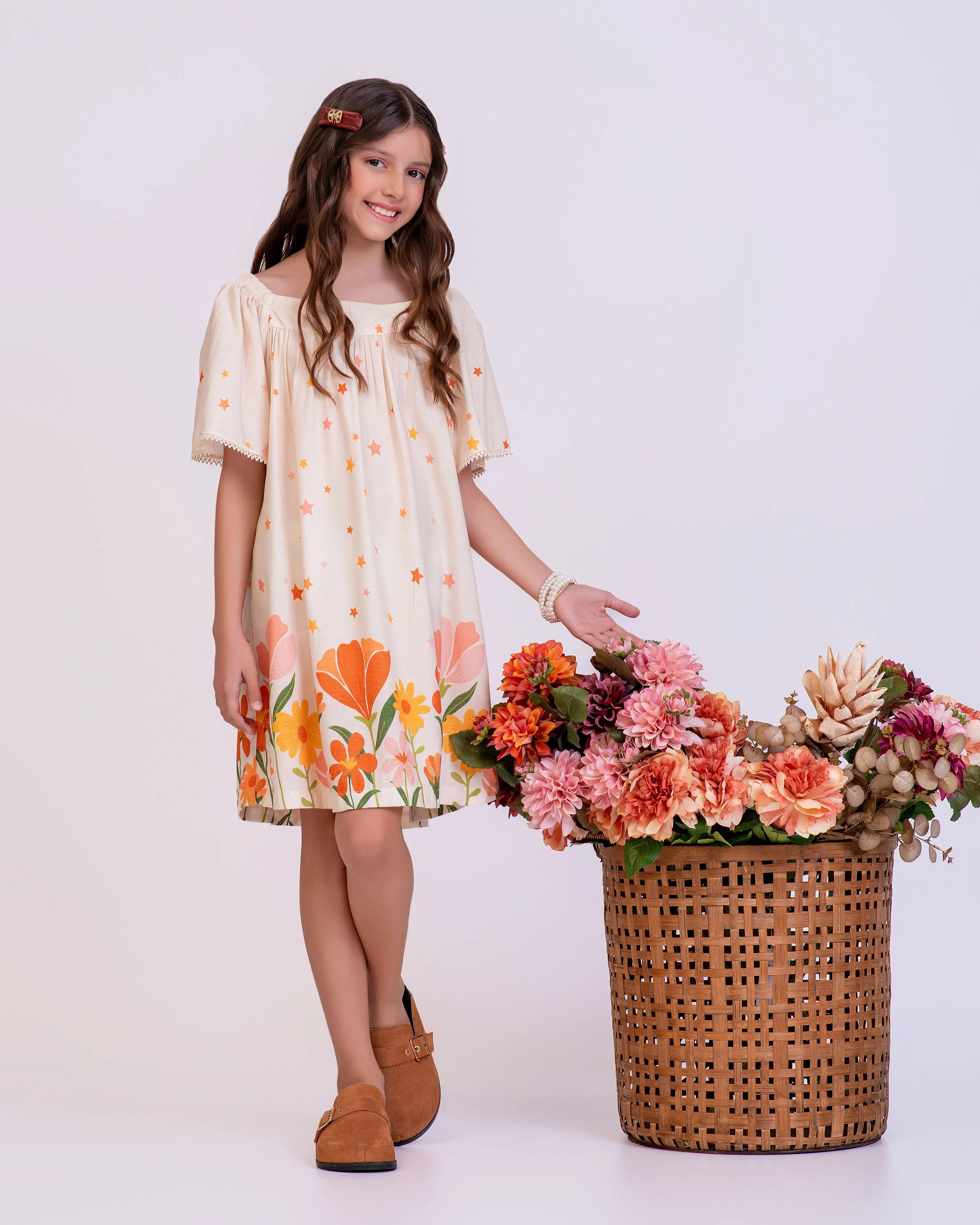 Vestido curto com estampa Brilho do Jardim infantil feminino Antonita para meninas de 4 a 16 anos