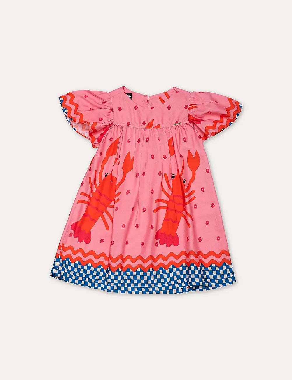 Vestido infantil rosa com estampa de lagostas e mangas bufantes, ideal para meninas de 0 a 3 anos