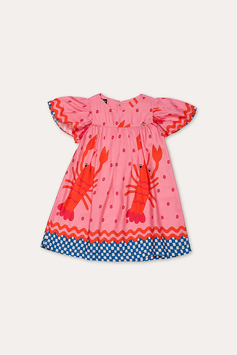 Vestido infantil rosa com estampa de lagostas e mangas bufantes, ideal para meninas de 0 a 3 anos