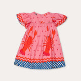 Vestido infantil rosa com estampa de lagostas e mangas bufantes, ideal para meninas de 0 a 3 anos