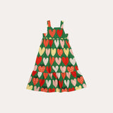 Vestido infantil verde com estampa de corações coloridos e babados na barra