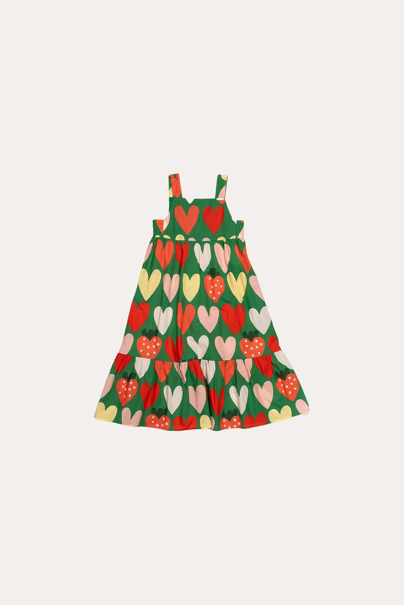 Vestido infantil verde com estampa de corações coloridos e babados na barra