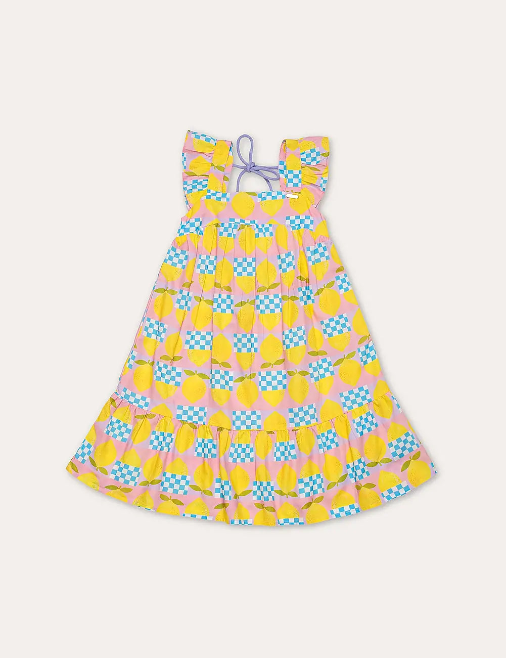 Vestido infantil amarelo com estampa de círculos e quadrados coloridos, alças largas e saia rodada