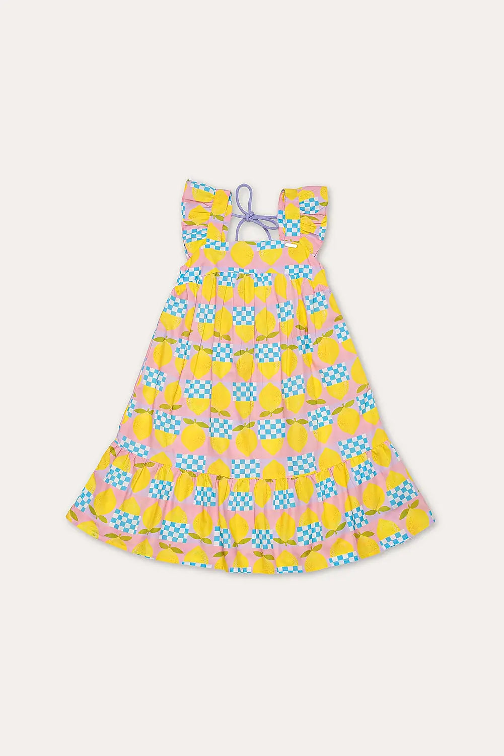 Vestido infantil amarelo com estampa de círculos e quadrados coloridos, alças largas e saia rodada