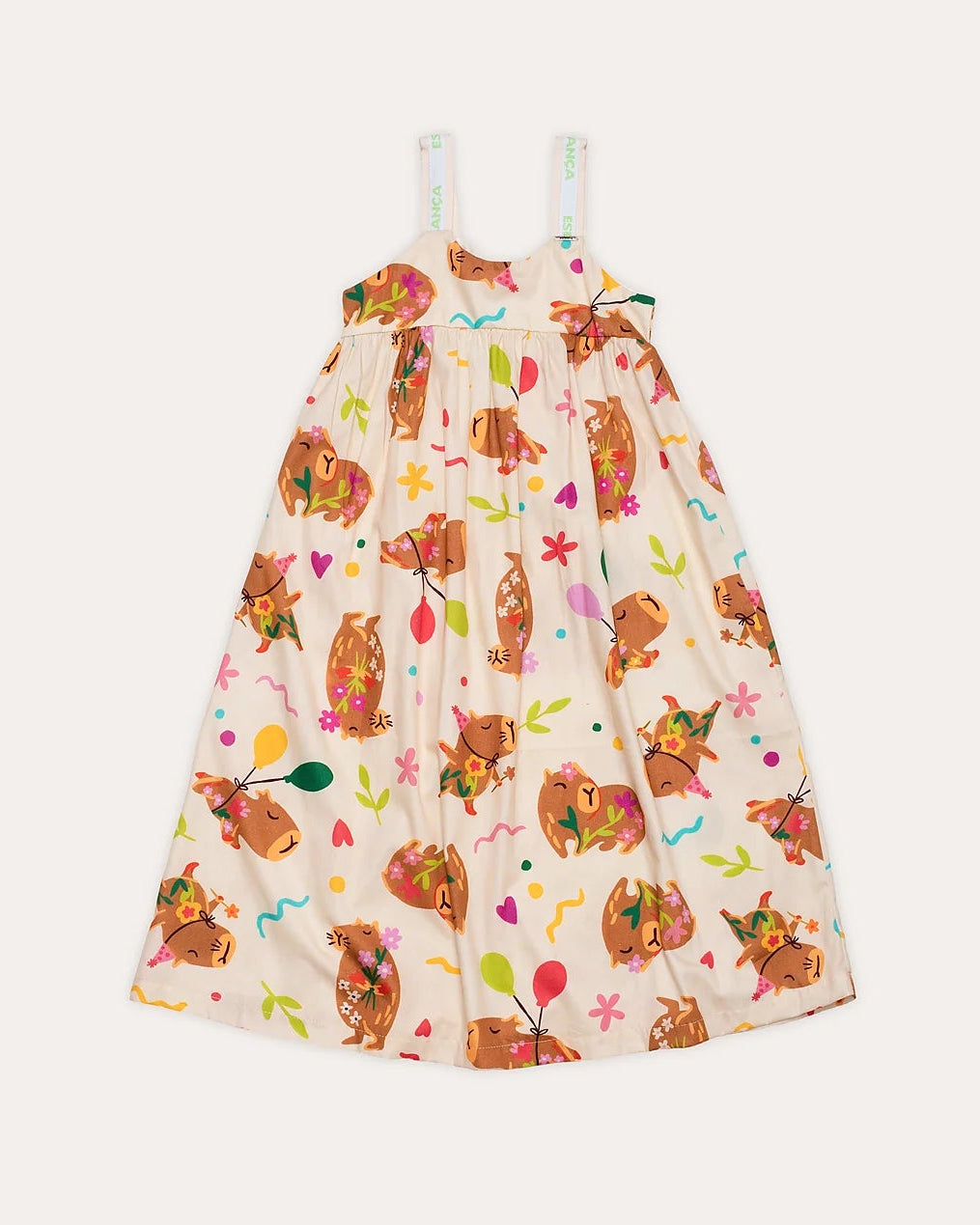 Vestido infantil feminino com estampa de capivaras e balões, alças finas e saia ampla