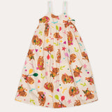 Vestido infantil feminino com estampa de capivaras e balões, alças finas e saia ampla