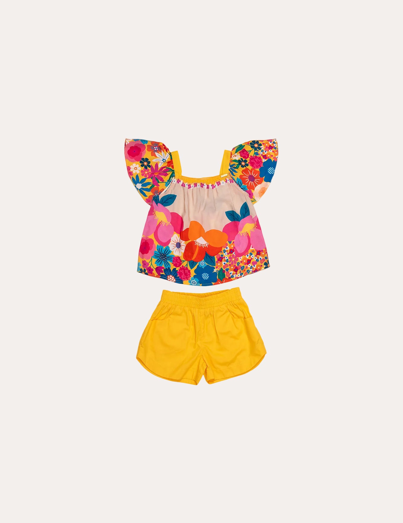Conjunto infantil feminino com blusa floral colorida e short amarelo