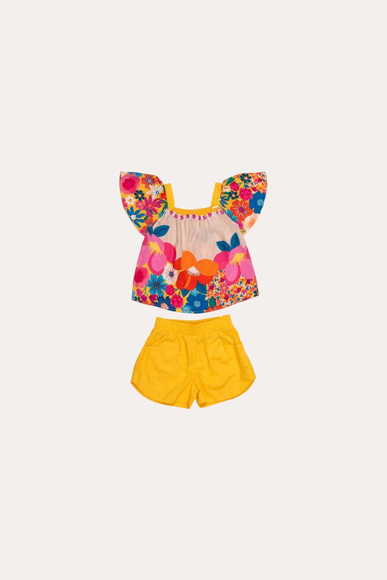 Conjunto infantil feminino com blusa floral colorida e short amarelo