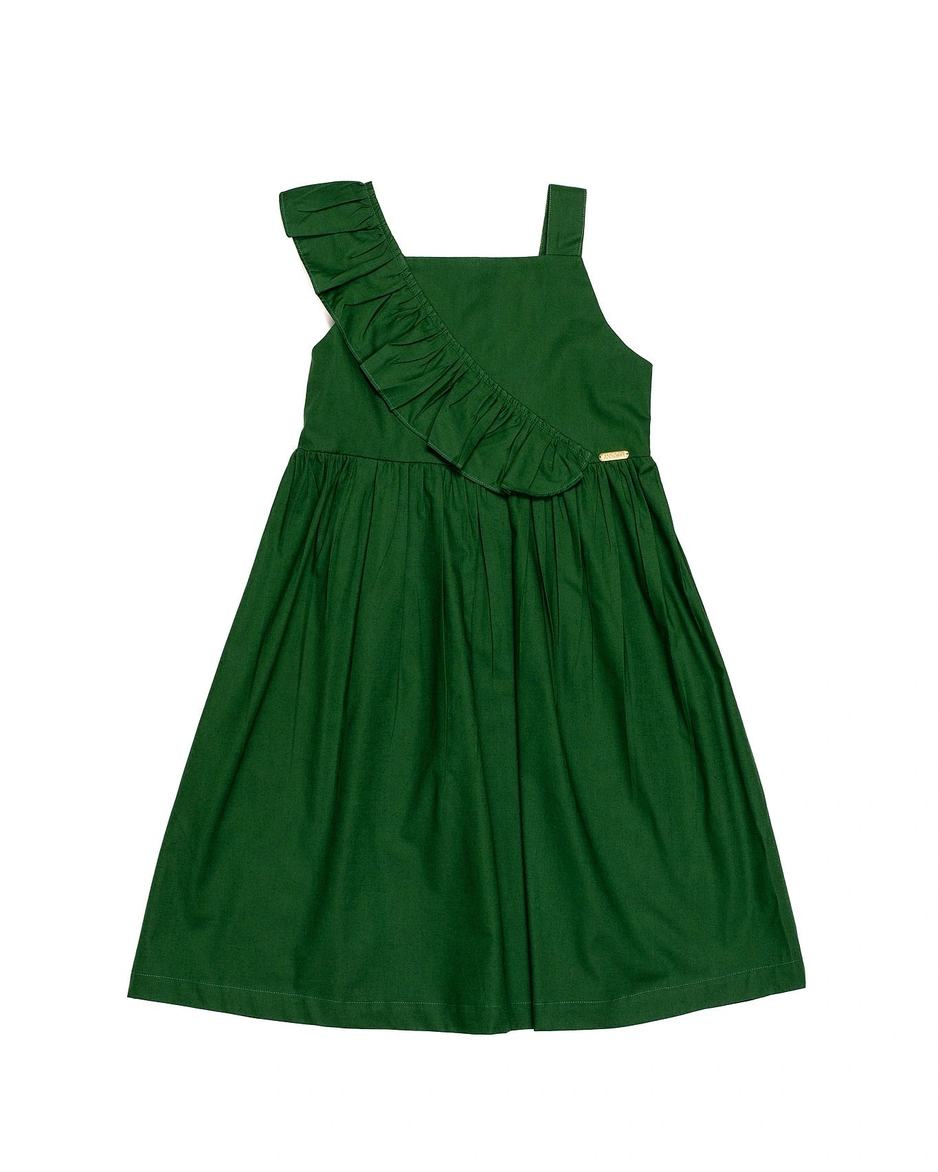 Vestido curto feminino infantil com alças largas e babados na parte frontal