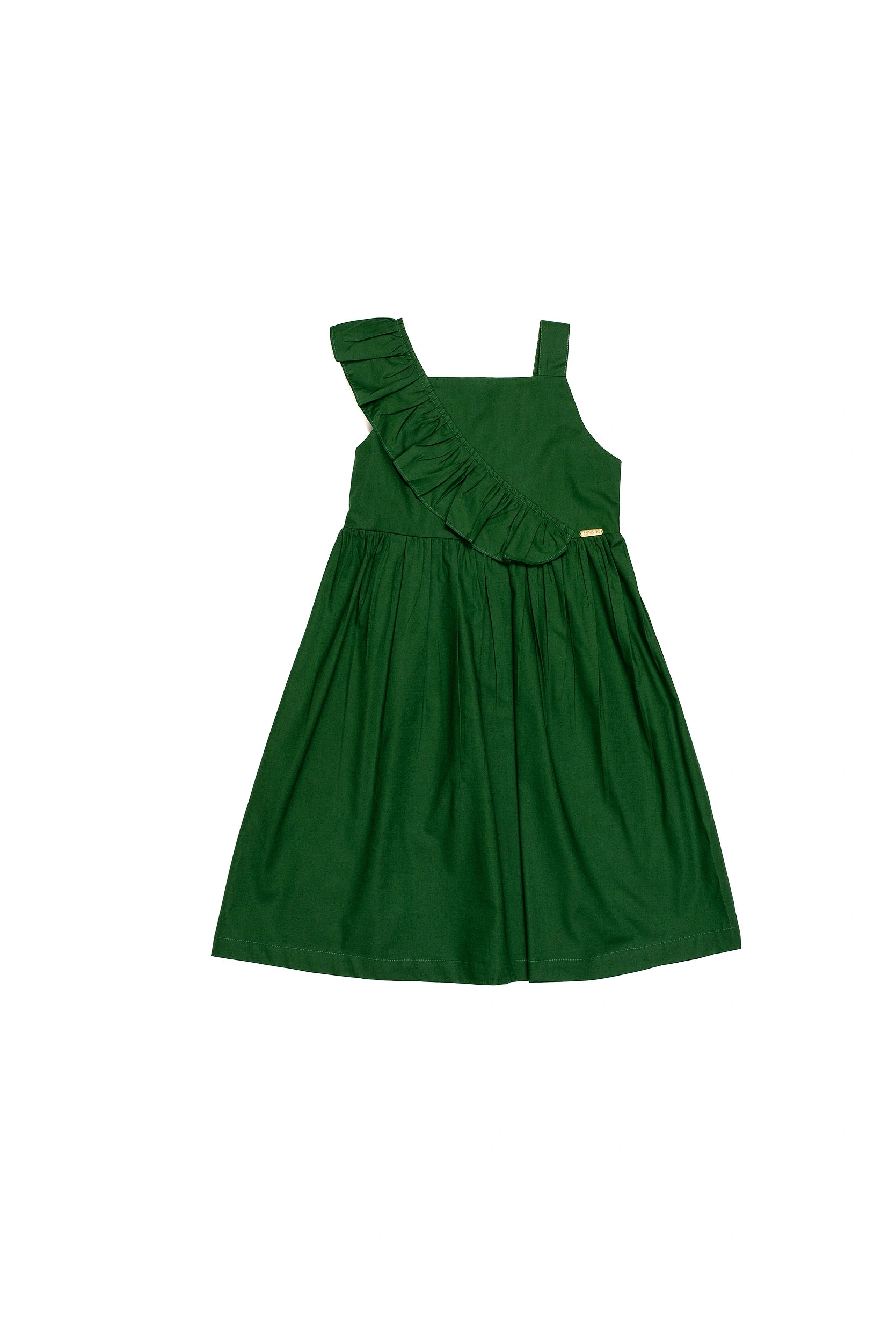 Vestido curto feminino infantil com alças largas e babados na parte frontal