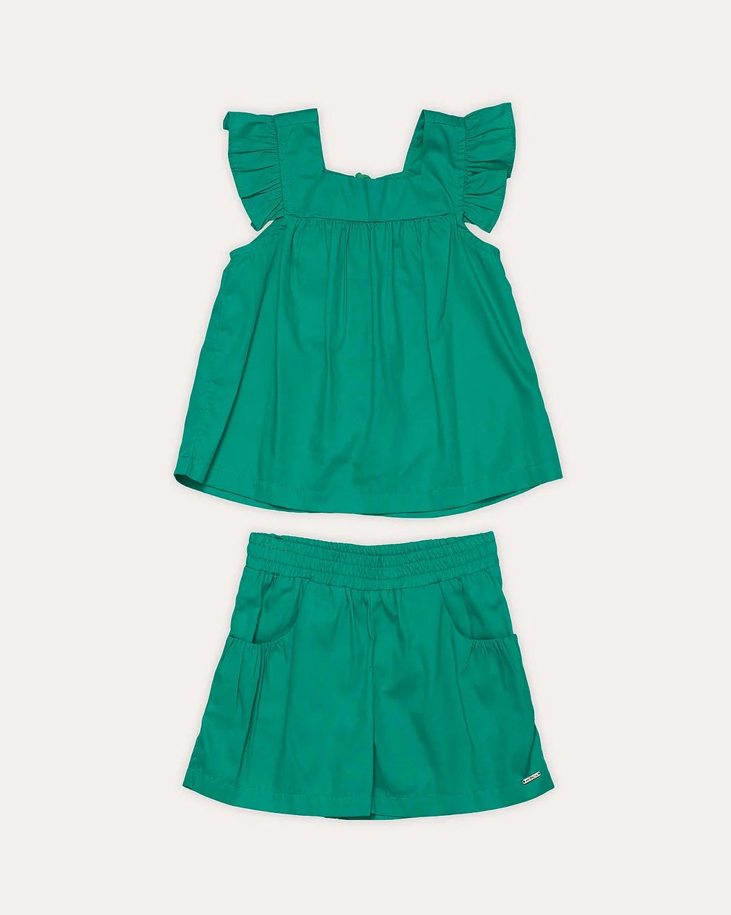 Conjunto infantil feminino com blusa verde de babados e saia confortável