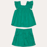 Conjunto infantil feminino com blusa verde de babados e saia confortável