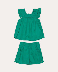 Conjunto infantil feminino com blusa verde de babados e saia confortável