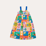 Vestido midi feminino infantil com estampa de quadrados coloridos e flores alegres