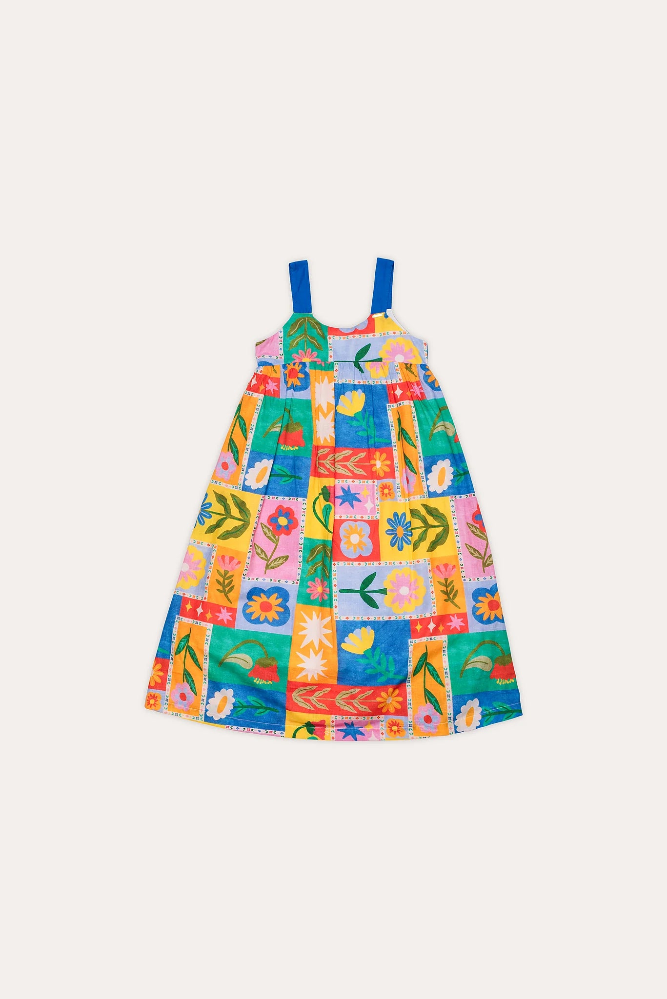 Vestido midi feminino infantil com estampa de quadrados coloridos e flores alegres
