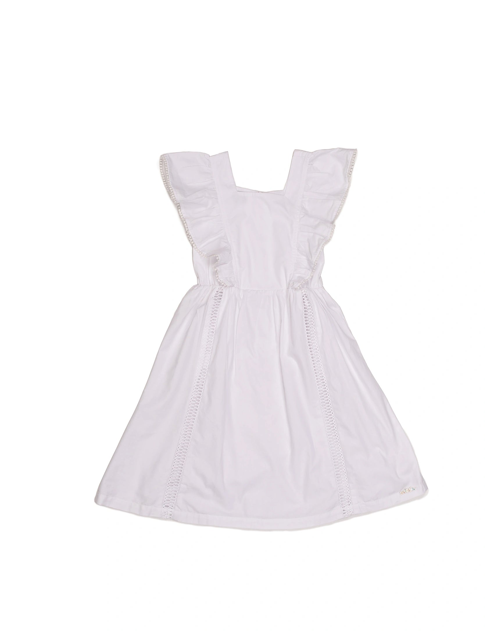 Vestido curto branco com alças largas e babados, detalhe delicado