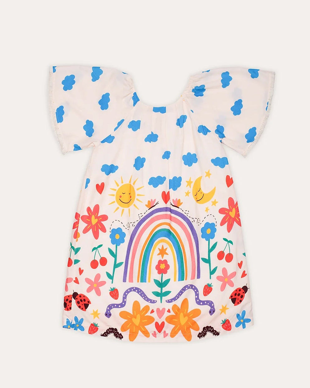 Vestido infantil com mangas bufantes, estampa de flores e arco-íris, ideal para meninas