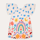 Vestido infantil com mangas bufantes, estampa de flores e arco-íris, ideal para meninas