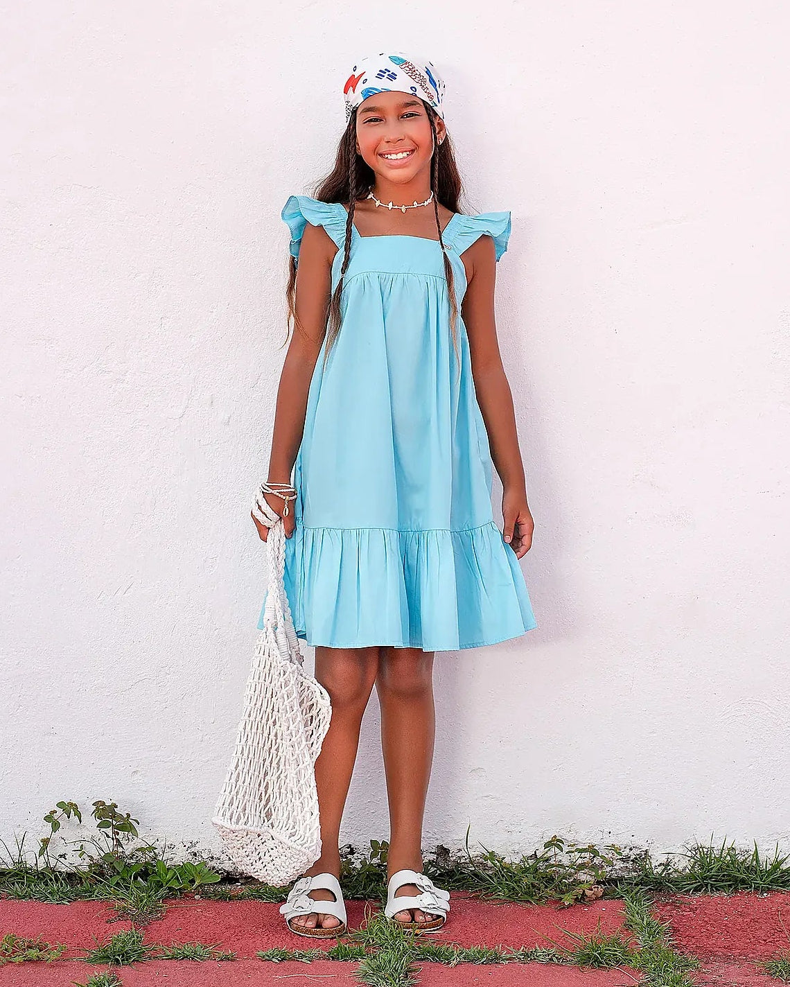 Vestido feminino infantil aquamarine com alças largas e babados na barra