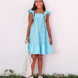 Vestido feminino infantil aquamarine com alças largas e babados na barra