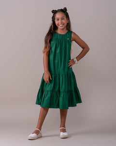 Vestido longo infantil feminino com alças largas e saia com babados