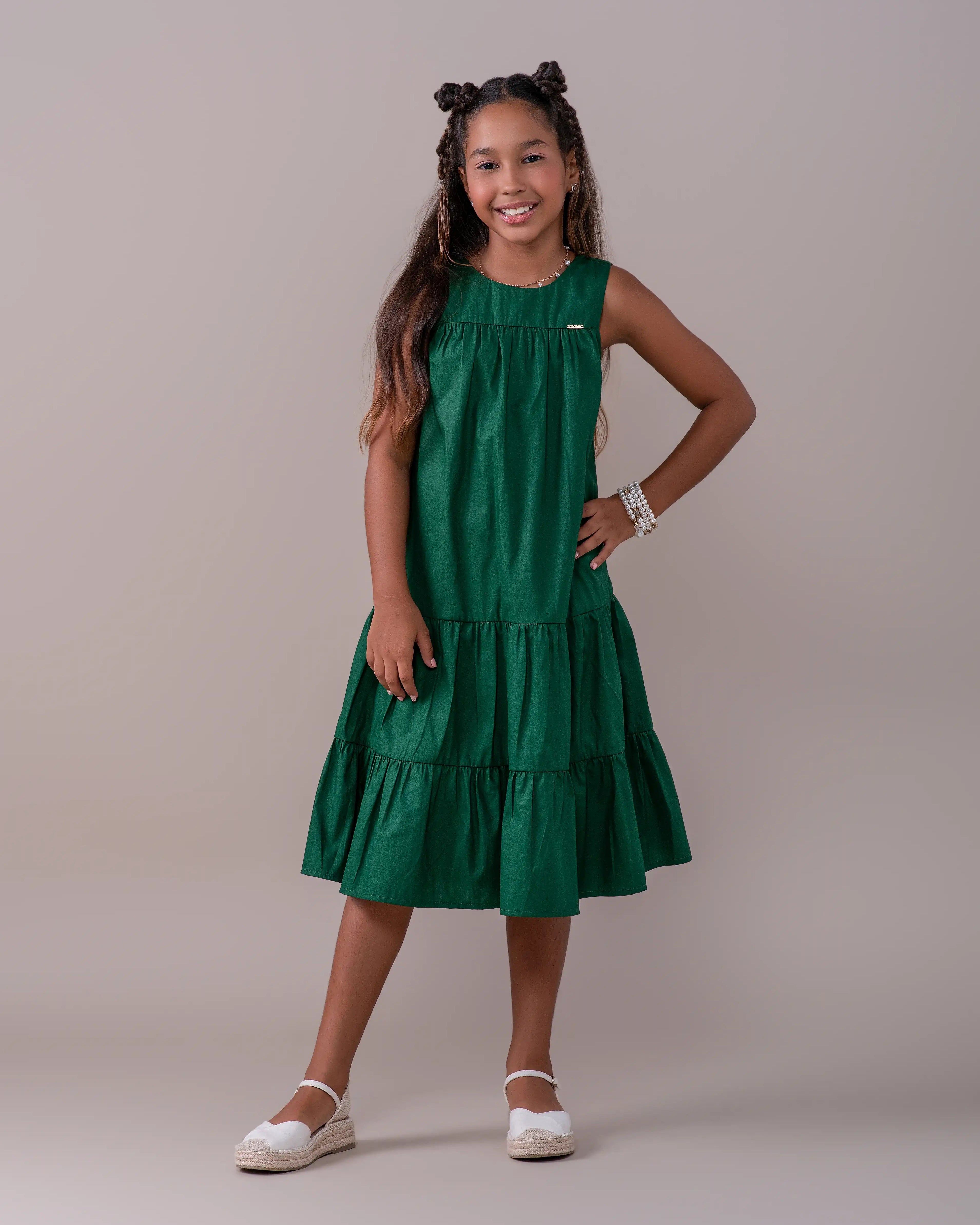 Vestido longo infantil feminino com alças largas e saia com babados