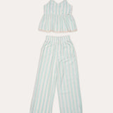Conjunto feminino infantil com blusa de alças finas e calça ampla listrada, detalhe delicado na barra