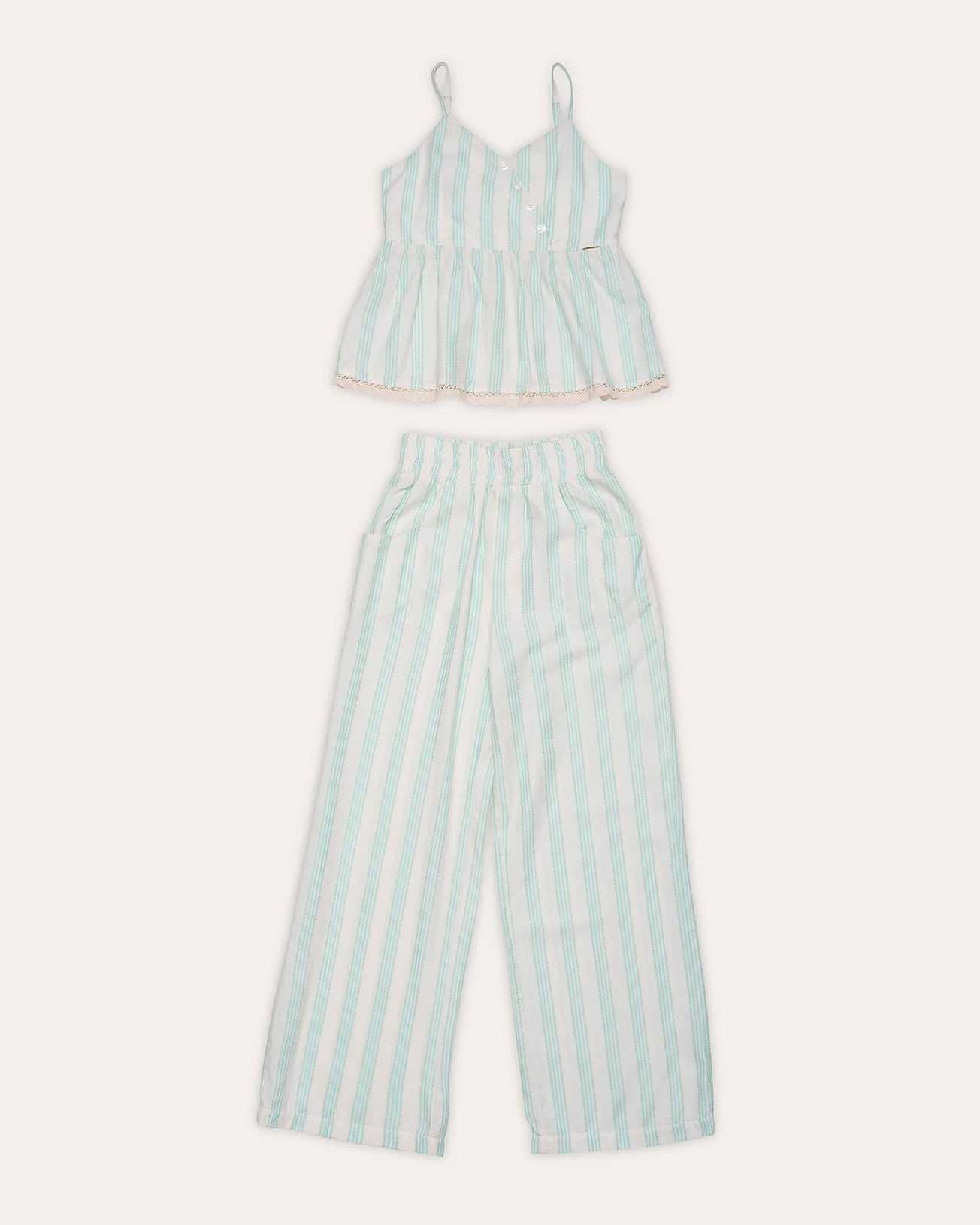 Conjunto feminino infantil com blusa de alças finas e calça ampla listrada, detalhe delicado na barra