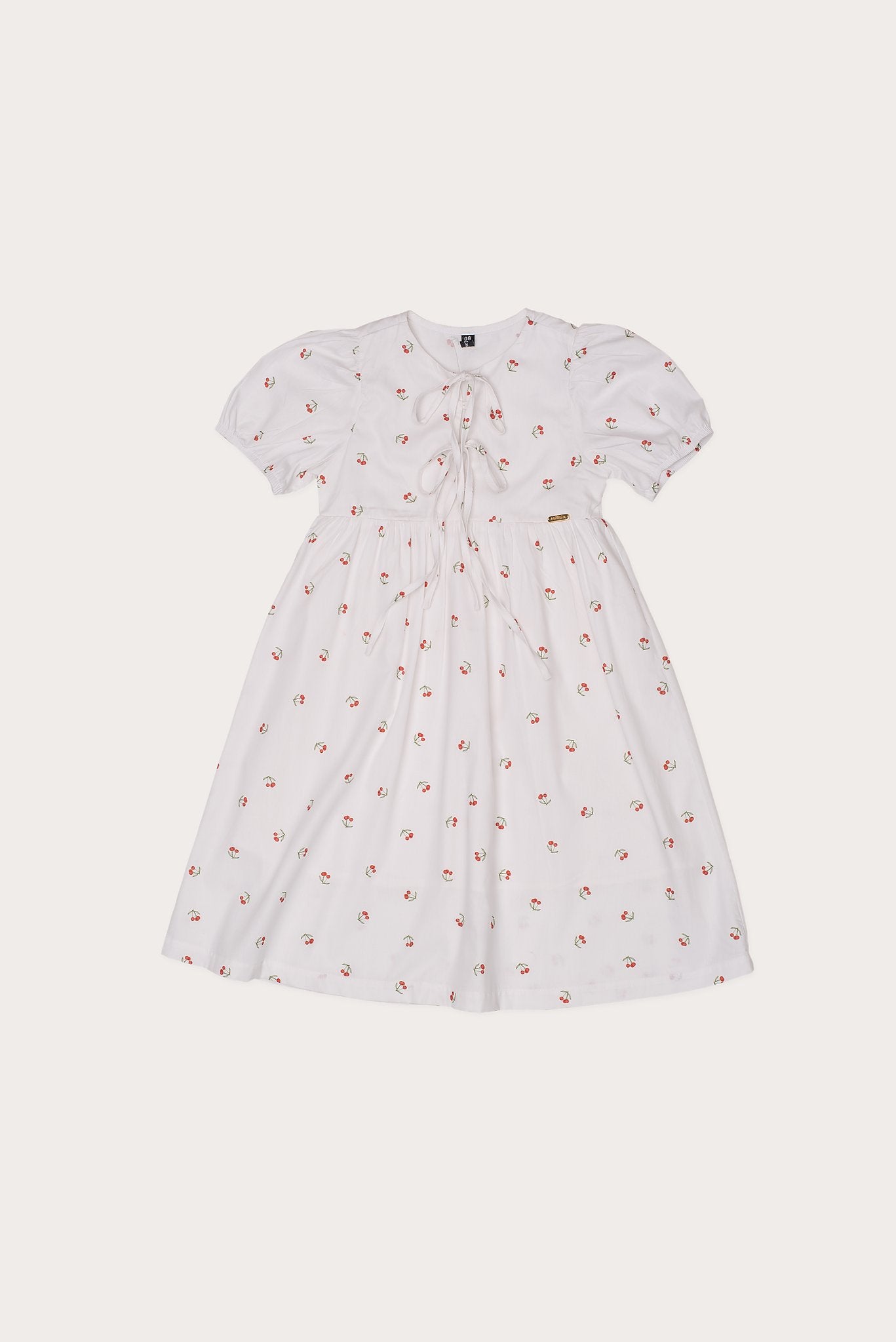 Vestido infantil com estampa de cerejinhas e mangas bufantes, saia rodada